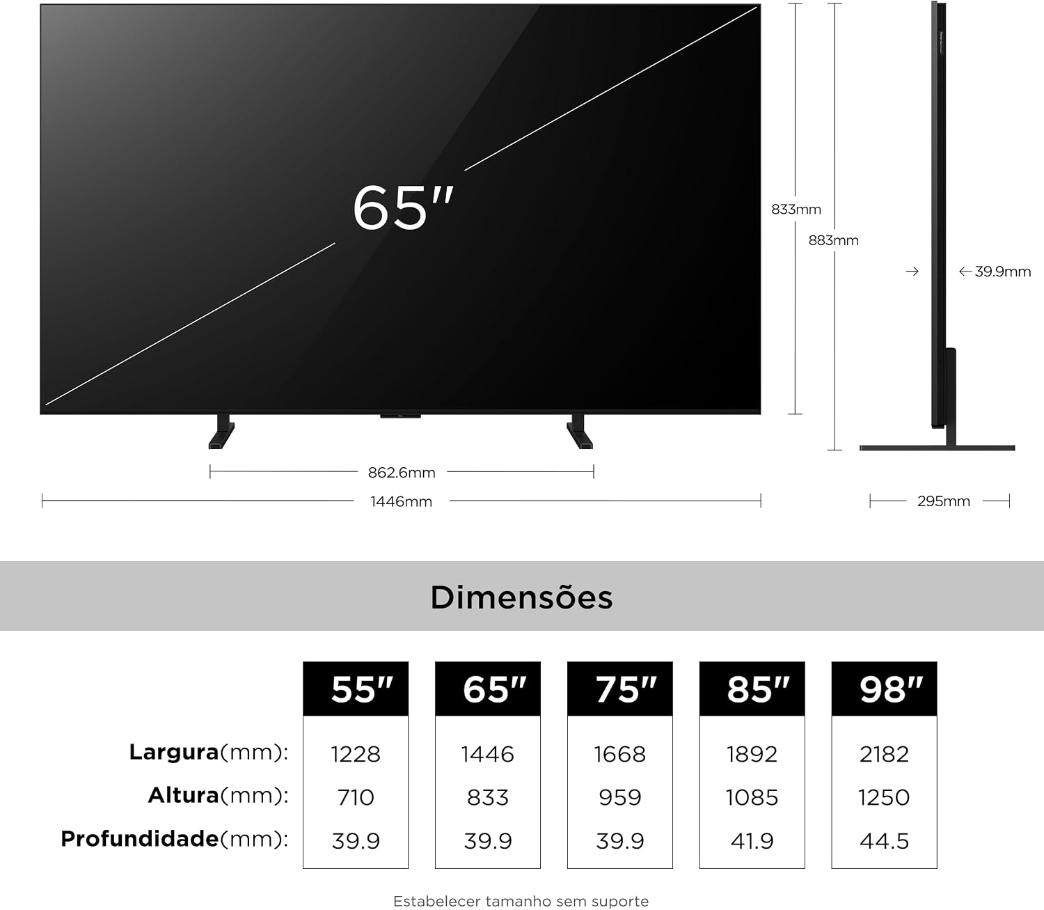 Mostra proporção da tela no ambiente e ajuda a visualizar o impacto de uma 65" na casa.