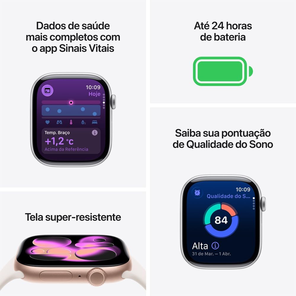 Ajuda a evidenciar a área de tela, legibilidade e acabamento frontal, que são pontos importantes em um relógio inteligente.