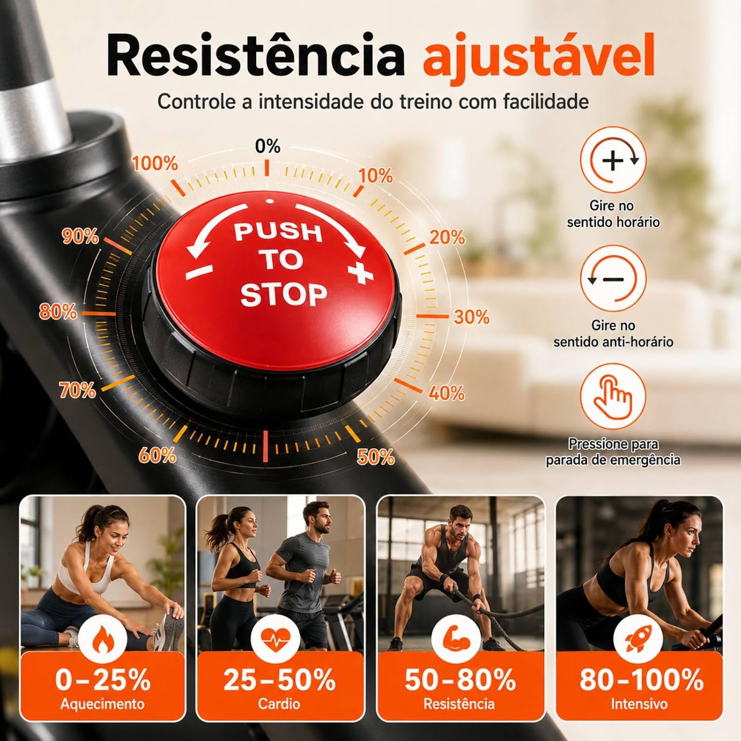 Mostra como a bike se encaixa no uso em casa e reforça a proposta de treino indoor silencioso.