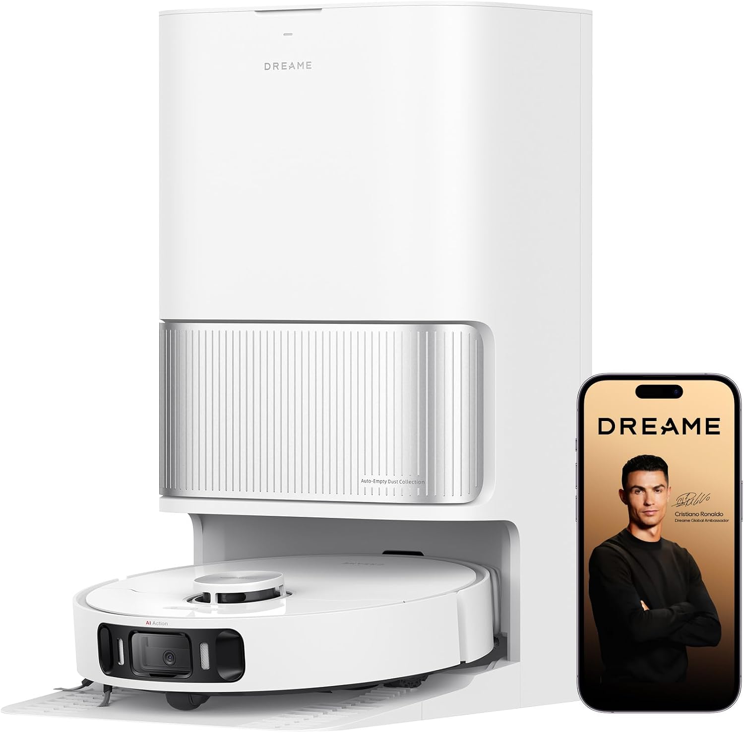 Mostra o produto completo e ajuda a reforçar a proposta de automação total da limpeza com robô + base multifuncional.