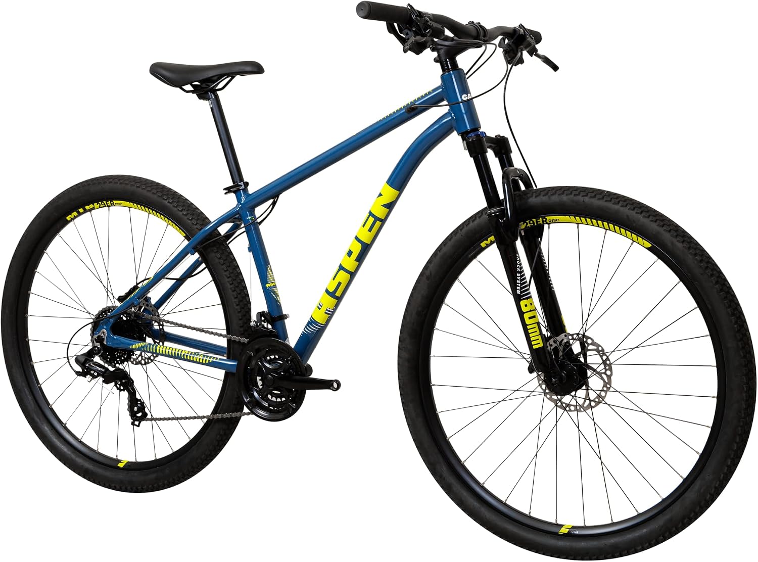 Apresenta o visual geral, cor, proporção do quadro e configuração completa da mountain bike.