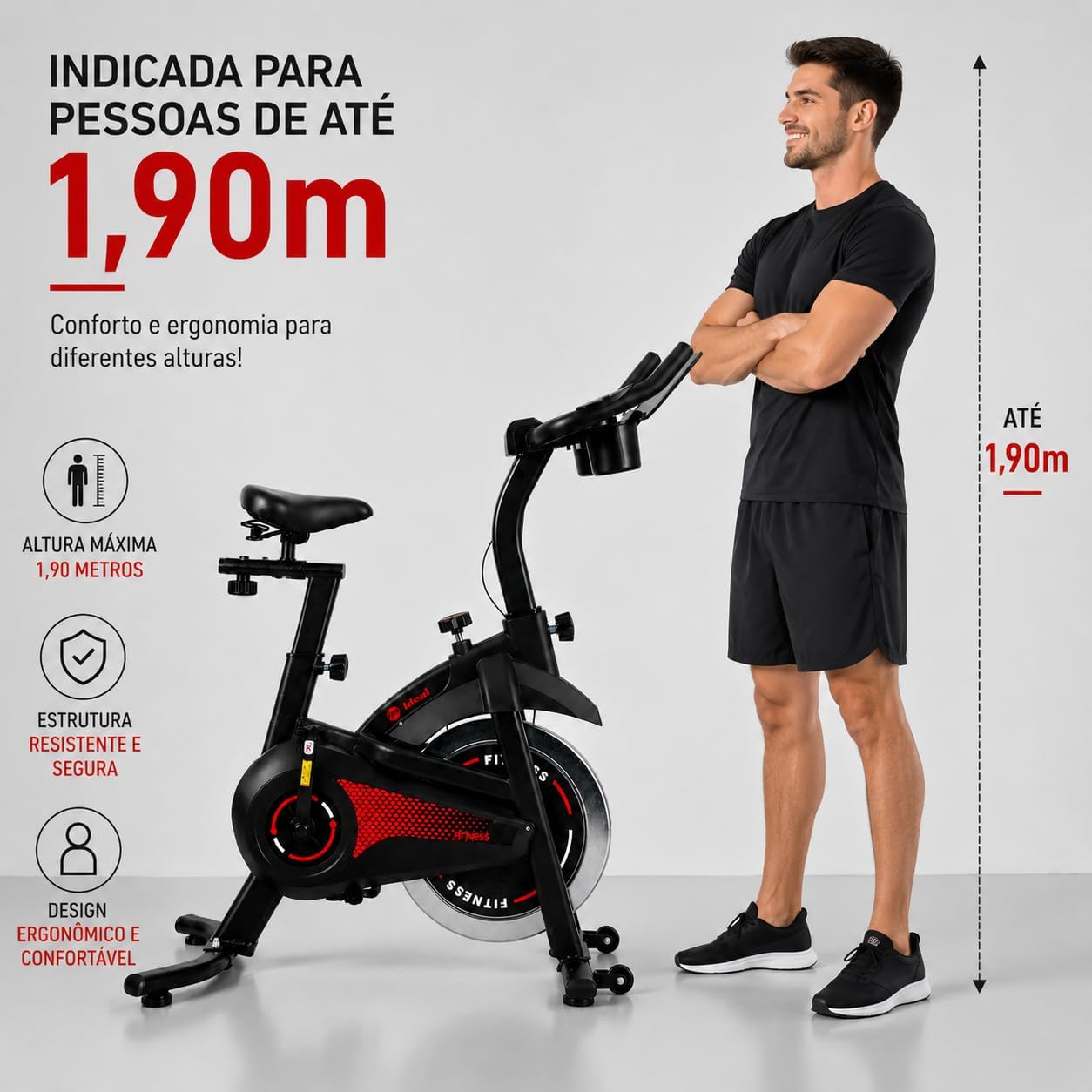 Mostra a bike como solução para exercício em casa, conectando o produto ao cenário real de uso.