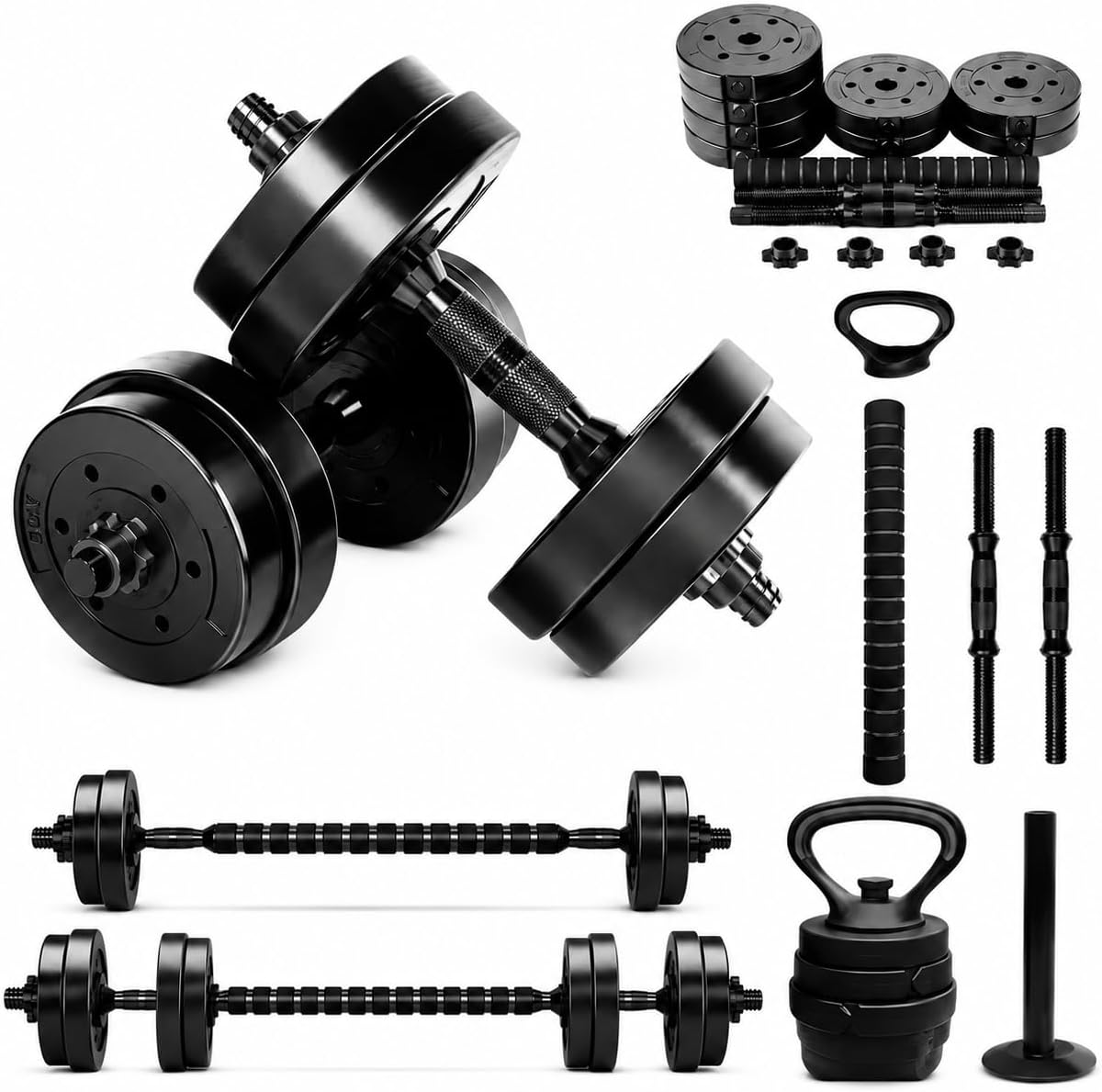 Apresenta o produto como solução completa para treino em casa, reforçando o visual all black e a proposta 6 em 1.