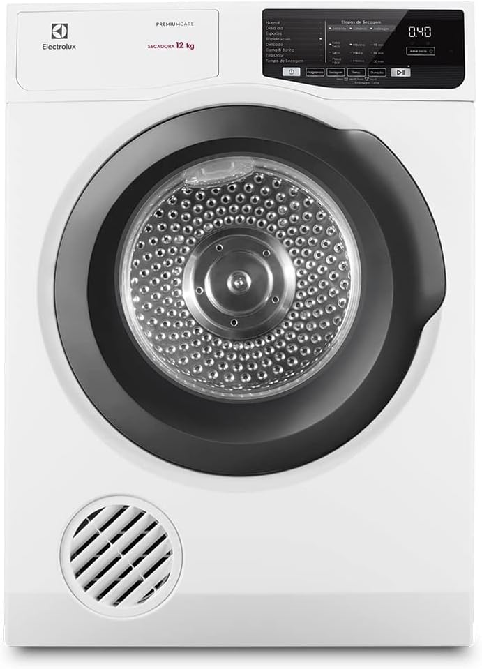 Destaca o design geral, a cor branca e a proposta premium do produto como secadora frontal de 12 kg.