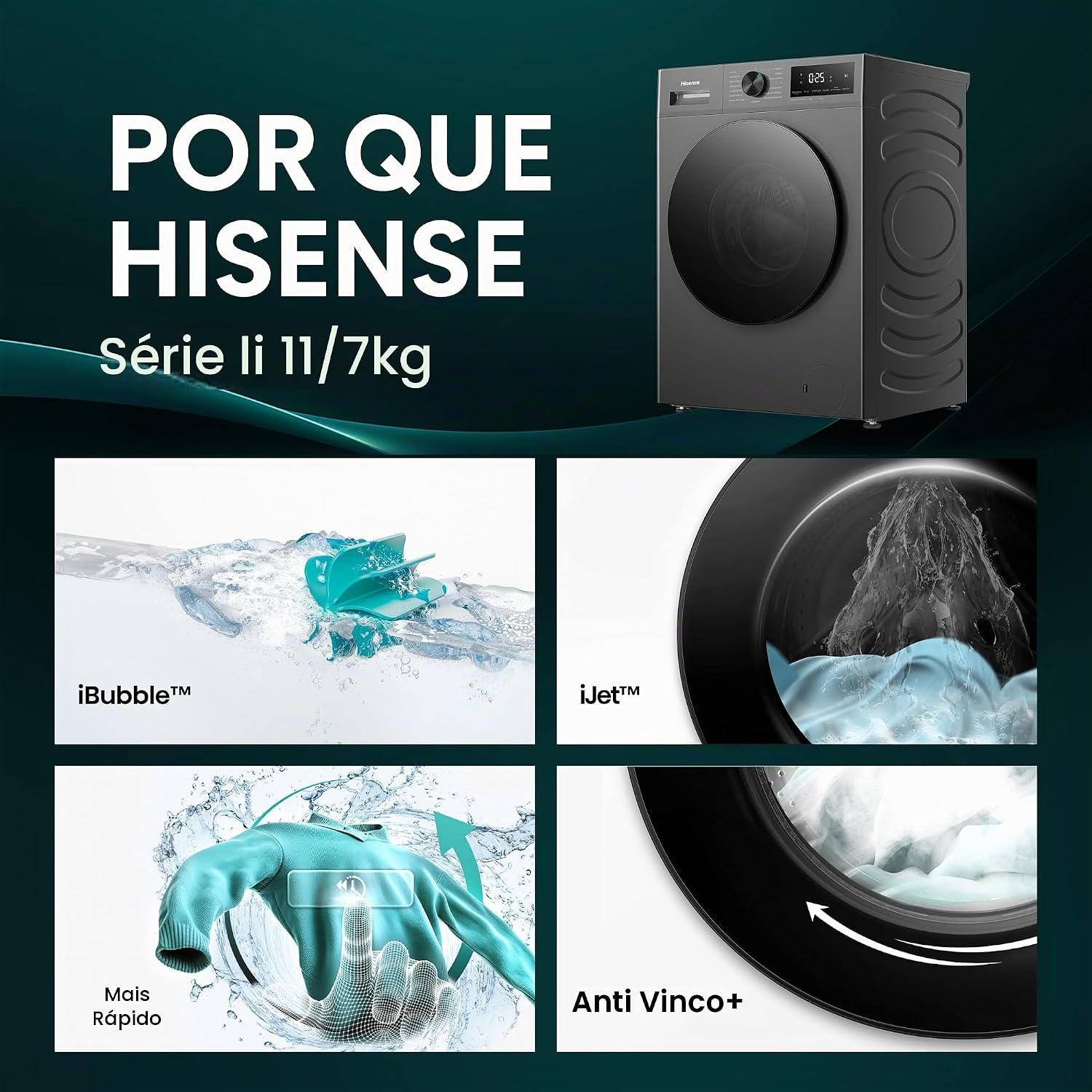 Ajuda a reforçar dimensões visuais e presença do produto na lavanderia.