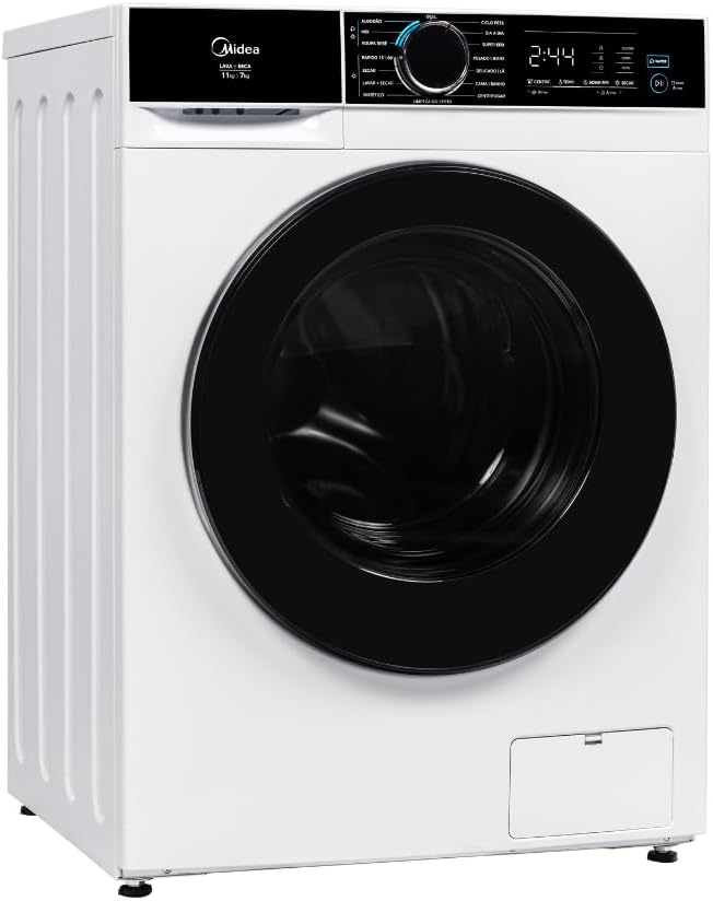 Destaca o design slim, a cor branca e a proposta de aparelho completo para lavanderia doméstica.