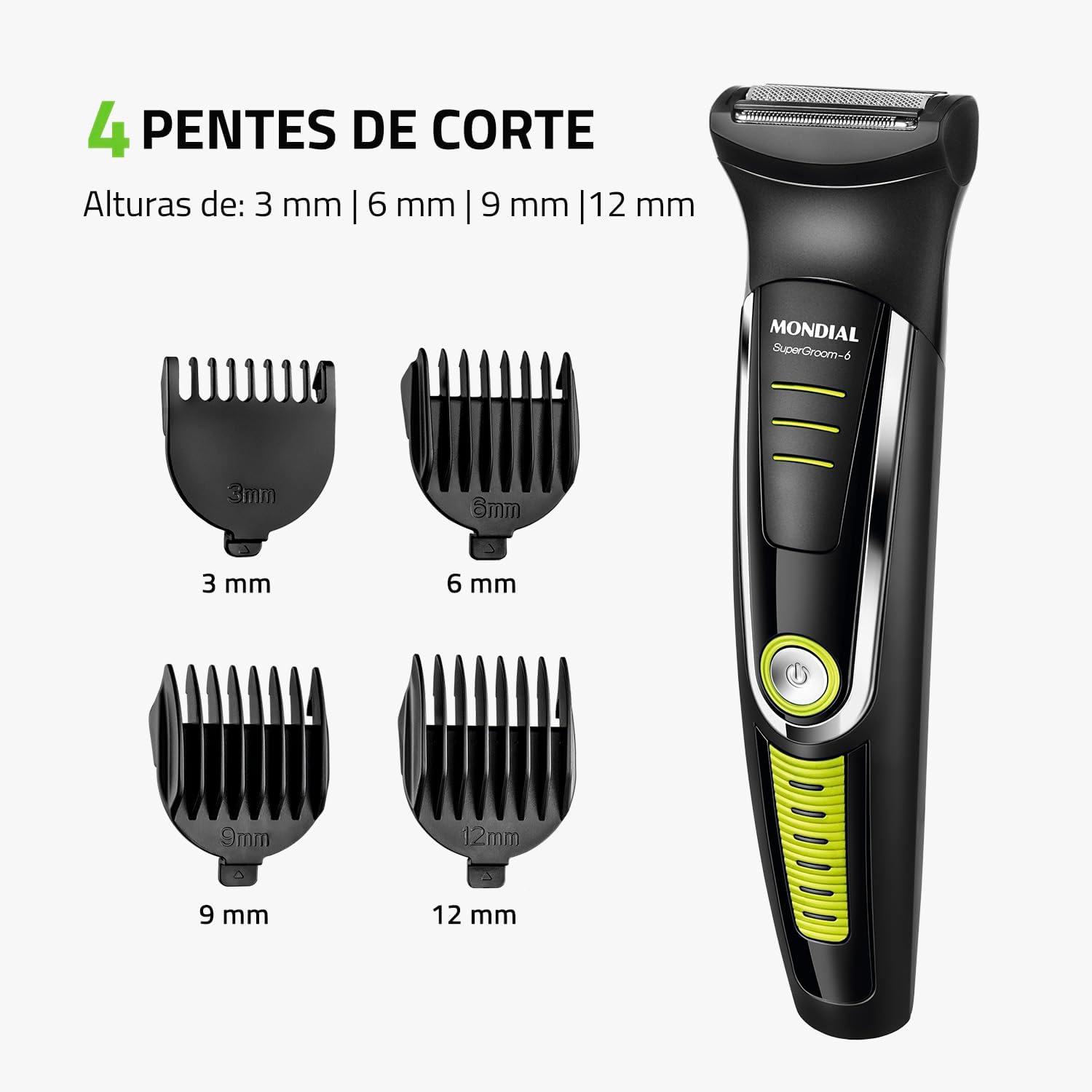 Evidencia a versatilidade do conjunto 6 em 1 e a variedade de alturas de corte.