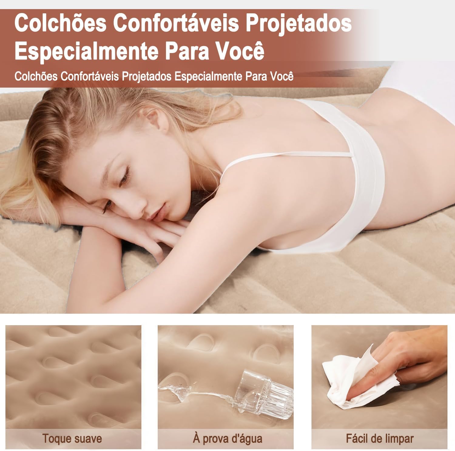 Evidencia o acabamento macio ao toque, a proposta de conforto e a sensação de material mais agradável para dormir.