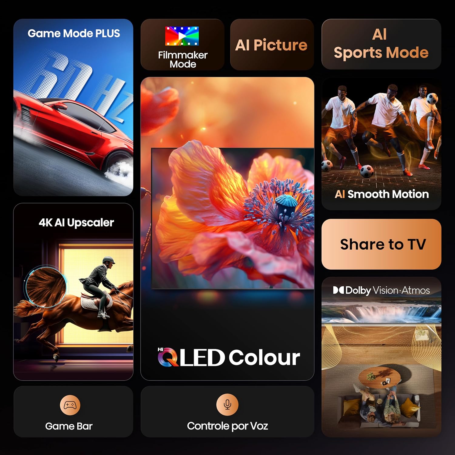 Ajuda a reforçar tecnologia de imagem, como QLED, cores e contraste.