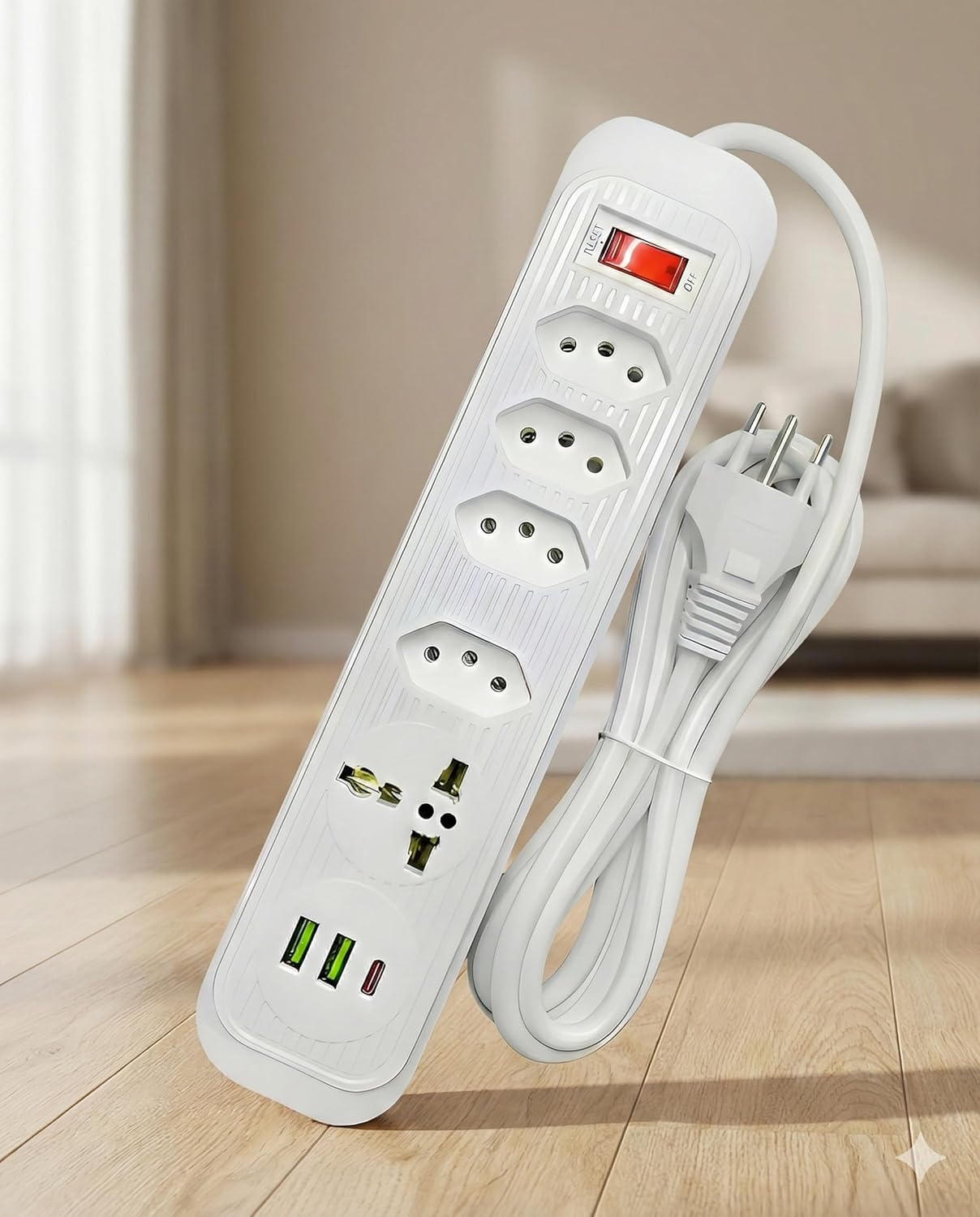 Extensão Elétrica 2 Metros, 5 Tomadas, 2 Saídas USB, 1 Saída Tipoc, Botão de Liga e Desliga, Régua com Filtro de Linha, Protege Seus Dispositivos Contra Curtos e Sobrecargas, 110V a 220V, Até 2500W