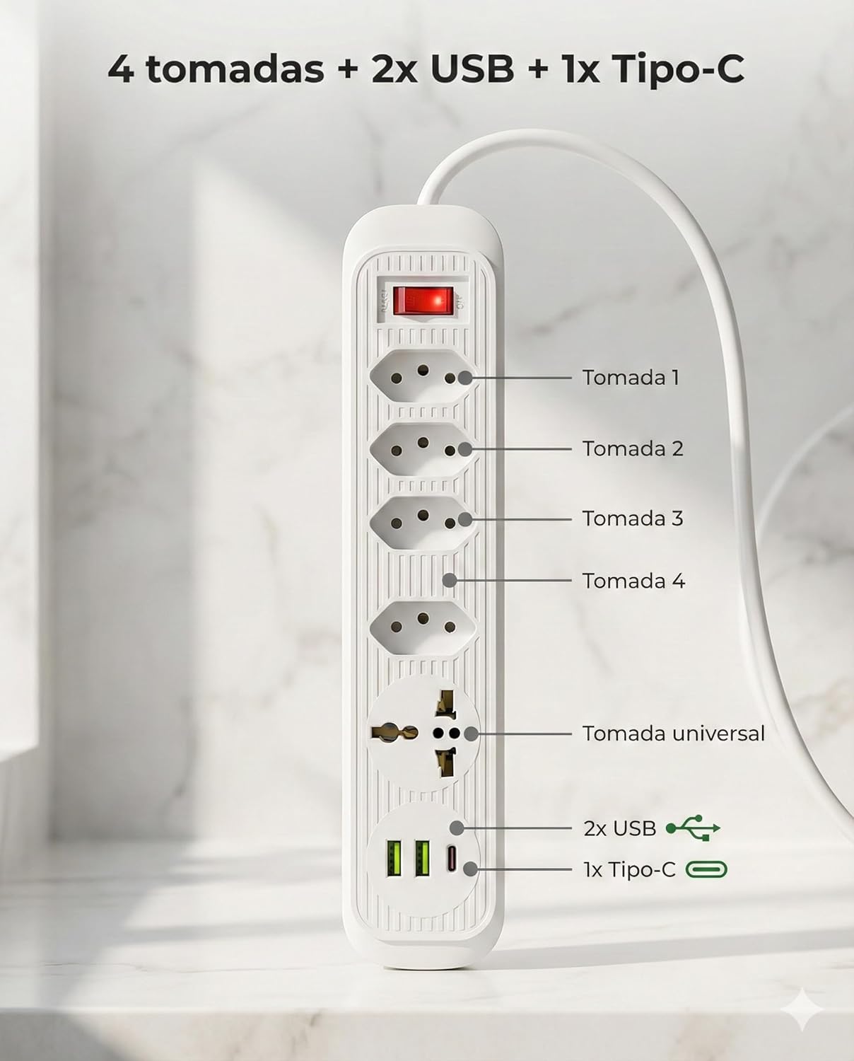 Destaca a quantidade de conexões disponíveis e a organização entre tomadas AC e portas USB/USB-C.