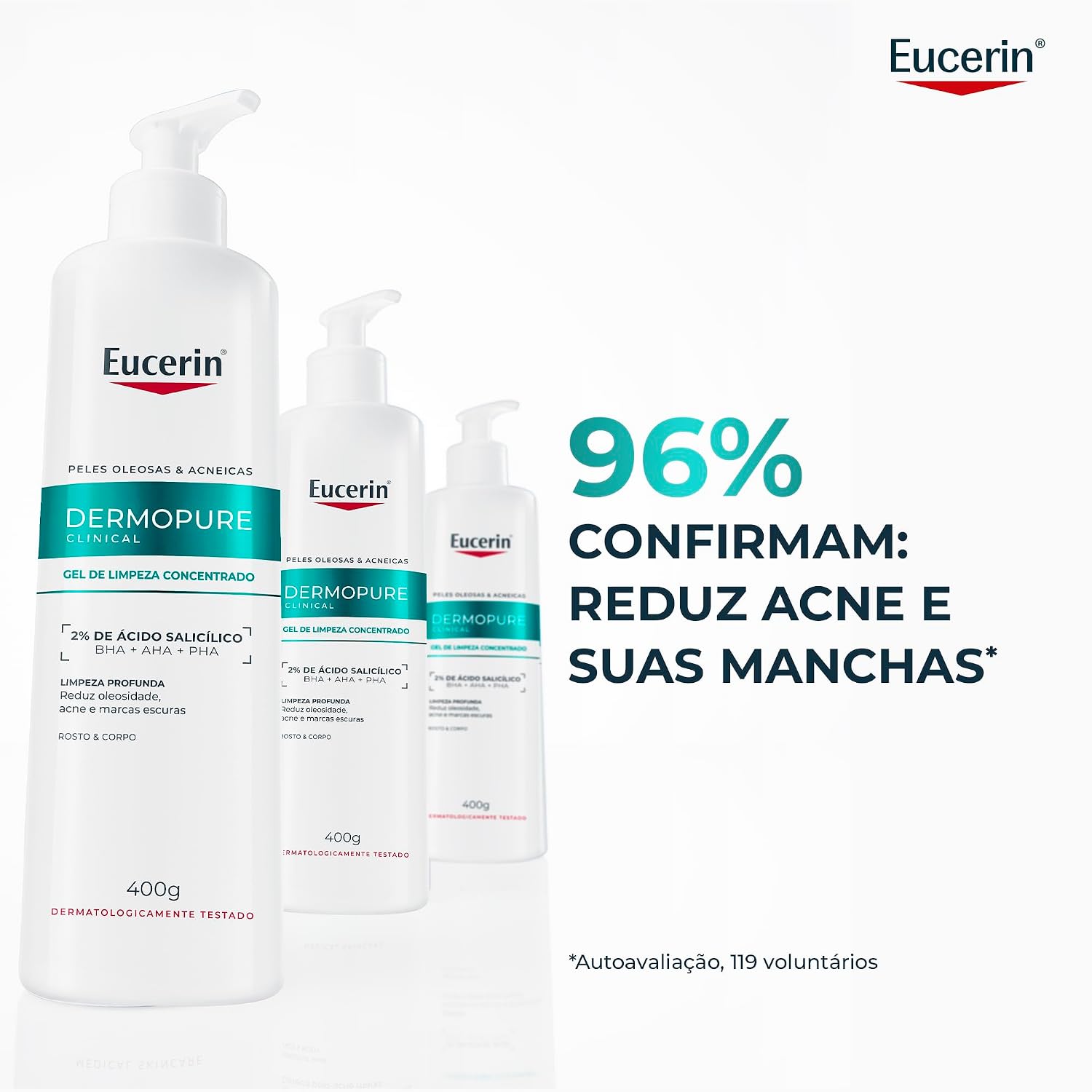 Destaca informações de uso, promessa de limpeza e atributos da linha para pele acneica.