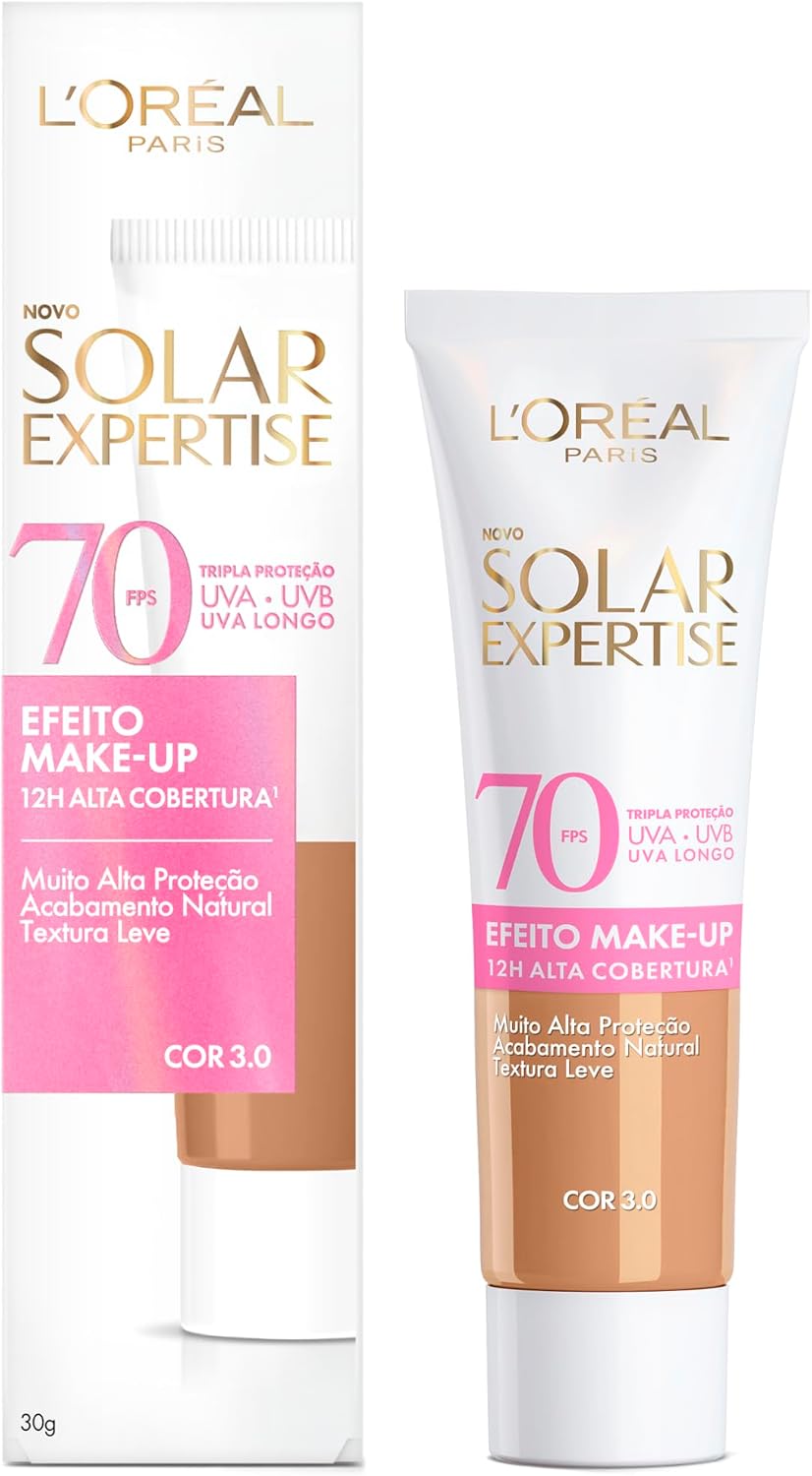 Apresenta o produto, a versão com cor 3.0 e a proposta de protetor com efeito de maquiagem.