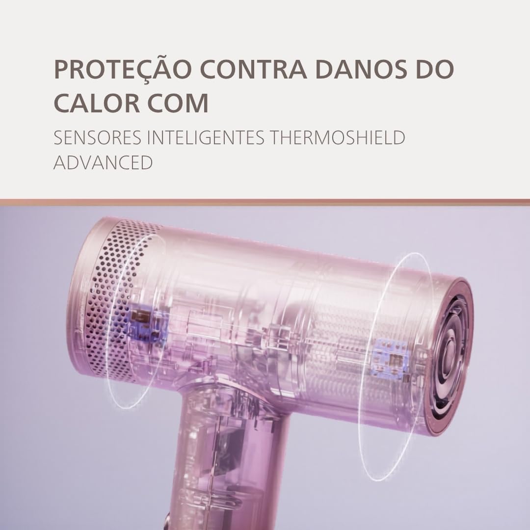 Ajuda a avaliar formato, pegada e proporção do secador, reforçando a sensação de produto compacto.