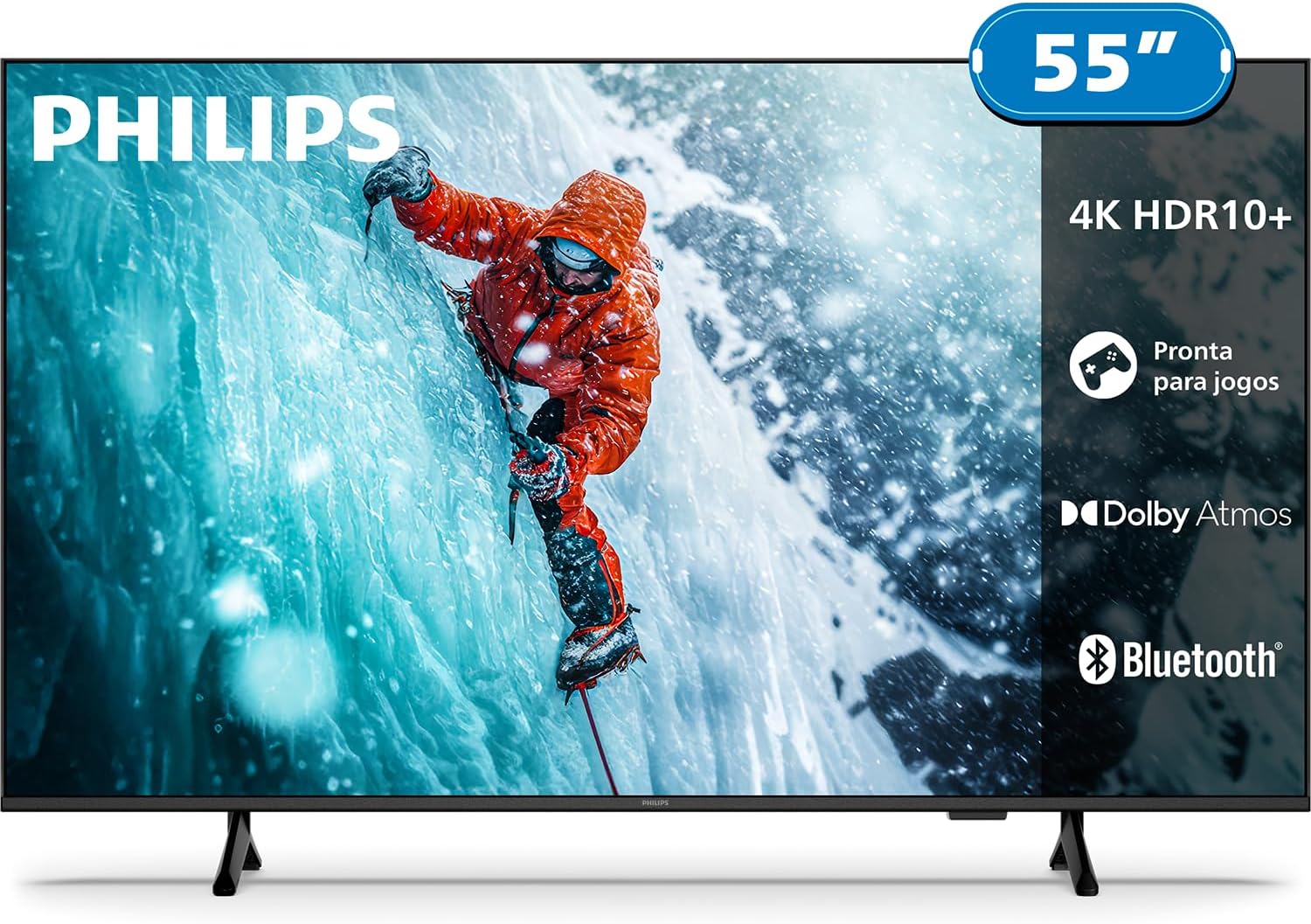 Ajuda a visualizar como a TV fica no ambiente e reforça o tamanho de 55" no uso real.