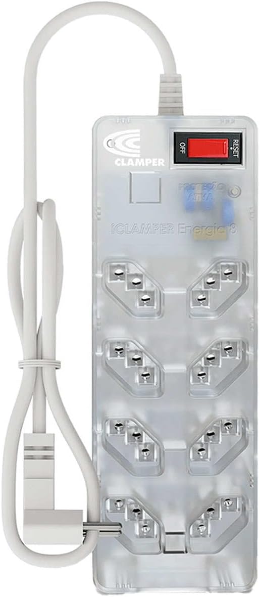 Filtro de Linha Iclamper Energia 8 com Proteção Contra Surtos Elétricos(Dps) 8 Tomadas, 3 Pinos, 10 Amperes para Pc, Notebook, Monitor, Impressora, Ps5, Alexa e Etc, Bivolt, Cabo de 1M Transparente