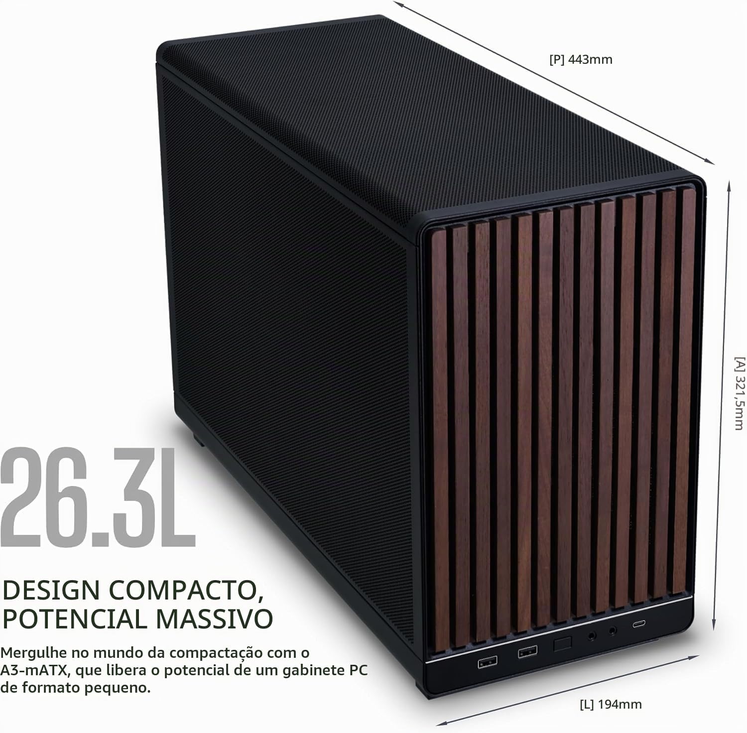 Mostra como o gabinete fica visualmente em um PC montado, reforçando a proposta de setup gamer ou clean com apelo premium.