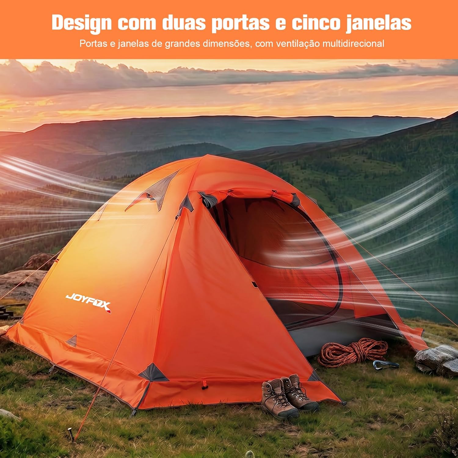 Reforça a aplicação prática do produto em acampamento e a percepção de estabilidade no terreno.