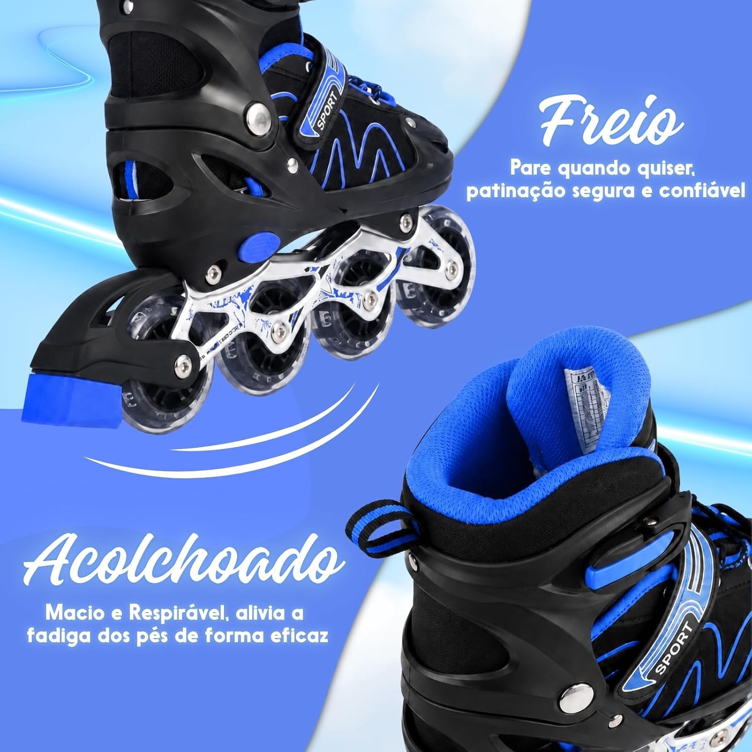 Destaca materiais, montagem e pontos de segurança/ajuste do patins.
