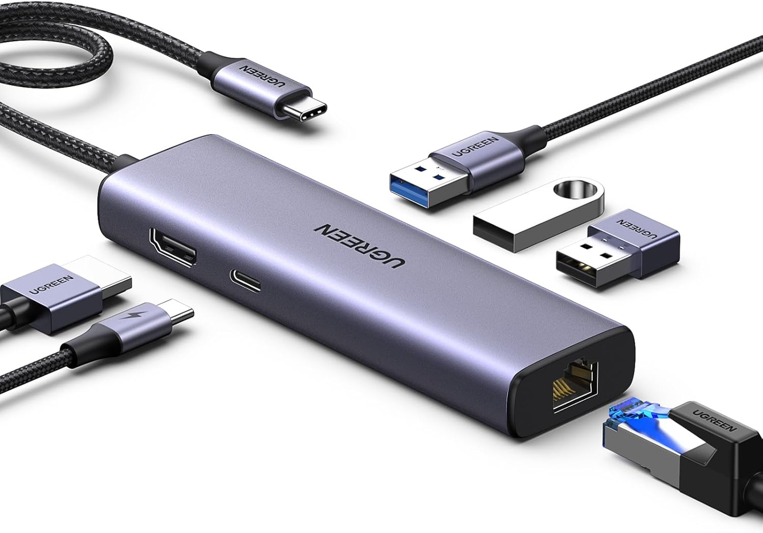 Ugreen Revodok Hub USB C 6 Em 1, Adaptador Gigabit Ethernet com 4K Hdmi, 100W Pd, 3 Portas de Dados USB a 3.0 Compatíveis com Mac M1, M2, M3, Ipad, Iphone 16 Pro/Pro Max, Steam Deck