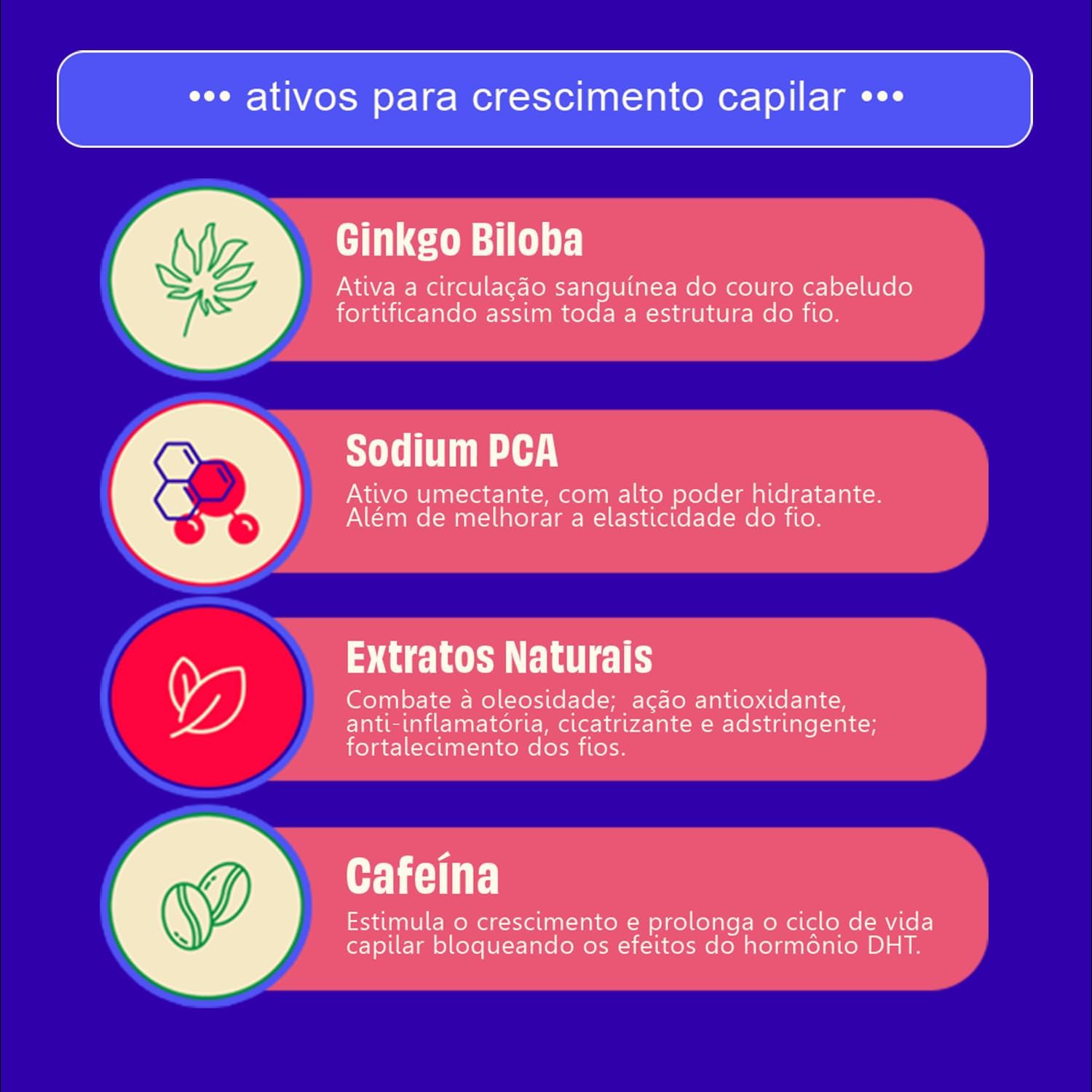 Ajuda a sustentar os argumentos de tratamento, foco em queda de cabelo e presença de ingrediente especial como Ginkgo Biloba.