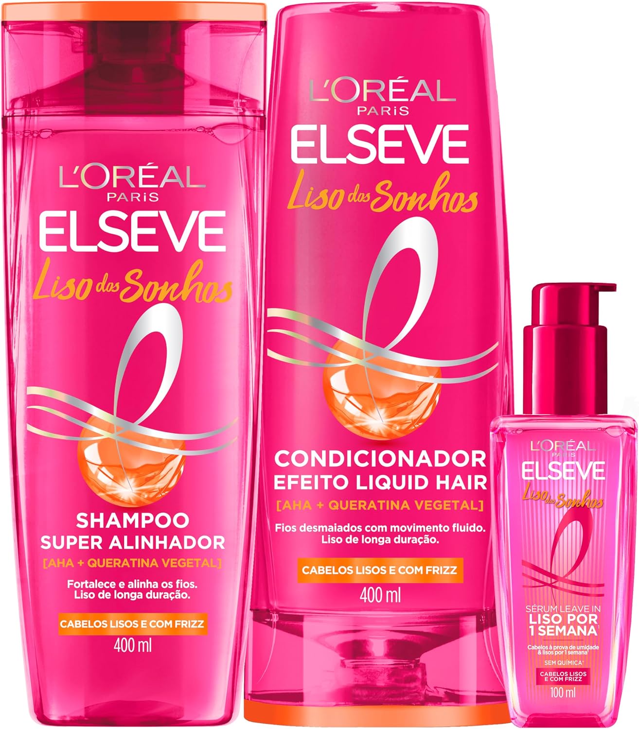 Mostra o conjunto completo e reforça a proposta de tratamento para liso, antifrizz e proteção contra umidade.