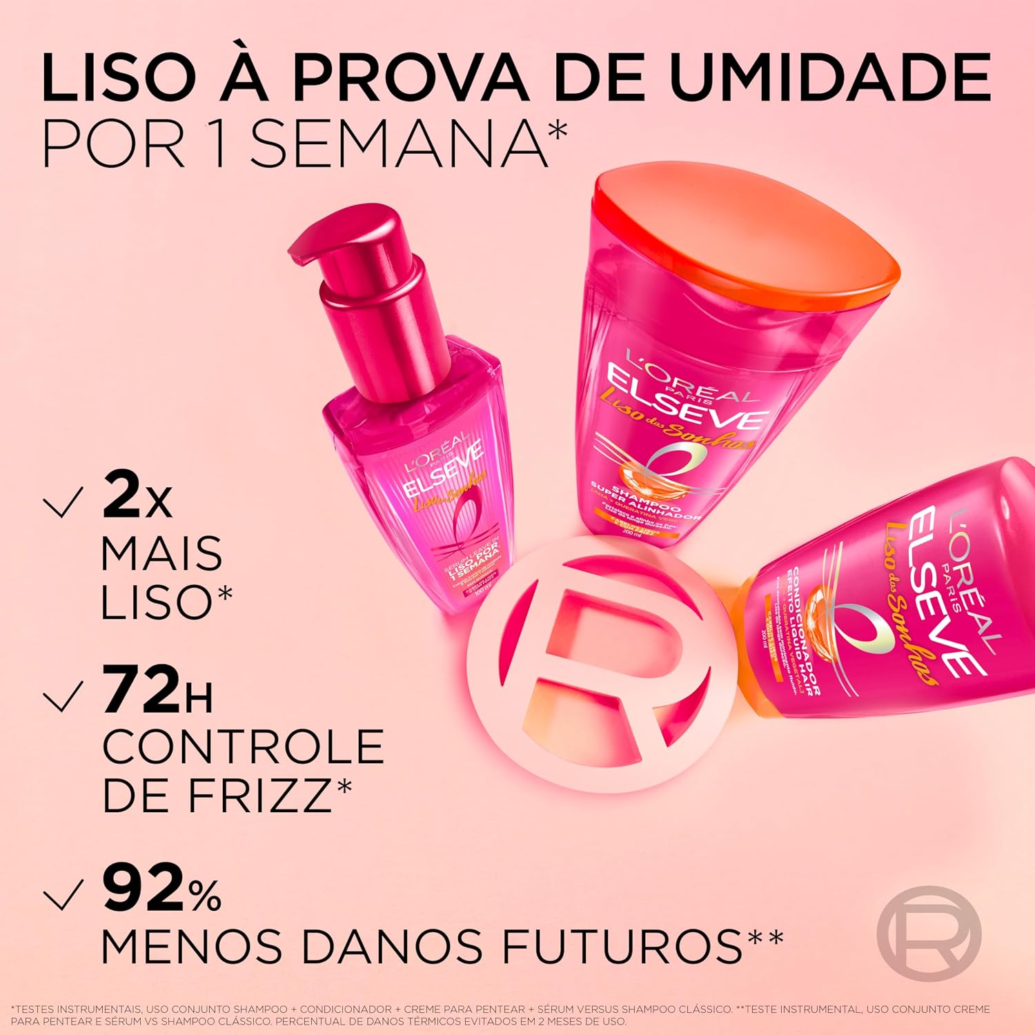 Destaca os benefícios prometidos, como controle de frizz, alinhamento e ação do tratamento.
