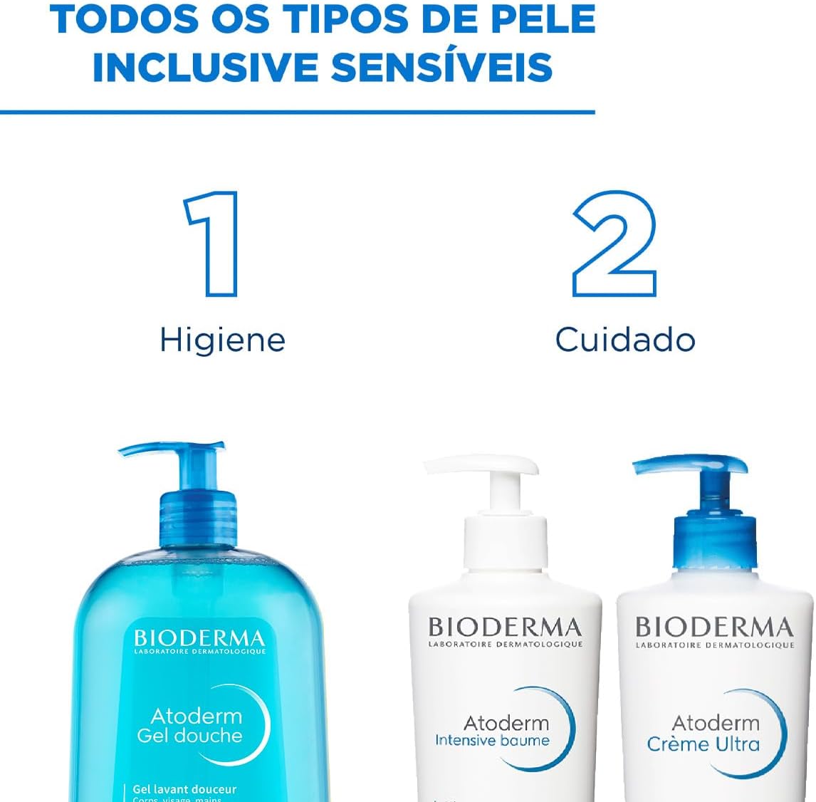Informações técnicas visuais do produto e reforço de autenticidade/linha dermatológica.