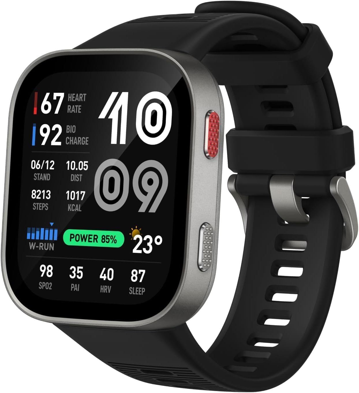 Apresenta o design geral, a cor preta e a proposta visual do produto como smartwatch esportivo.