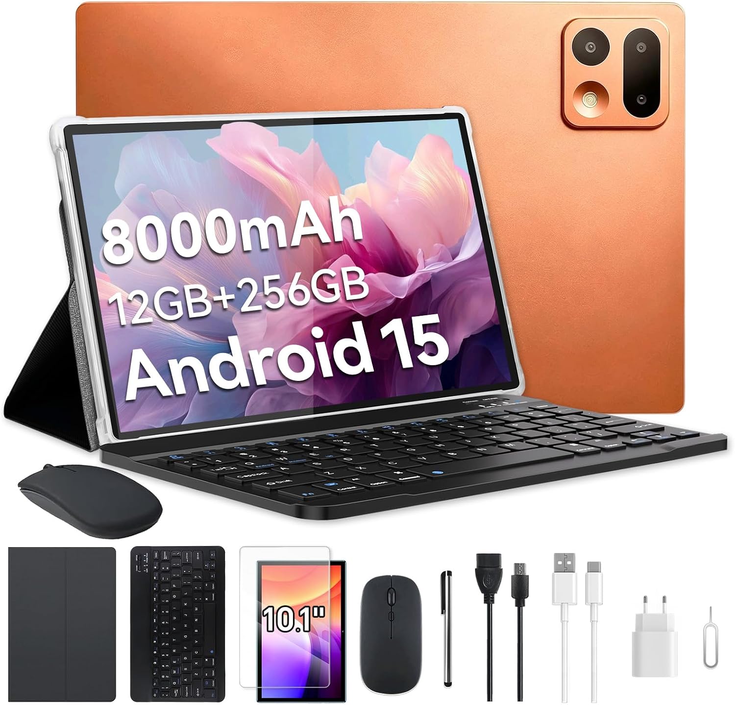 Xixaomiro Tablet Android 15 Pad 10.1", 256Gb Rom + 12Gb Ram, Câmera 13Mp + 5Mp, Bateria 8000Mah – Kit Completo com Caneta, Mouse, Teclado e Capa, Adequado para Estudo, Trabalho e Lazer (Laranja Claro)