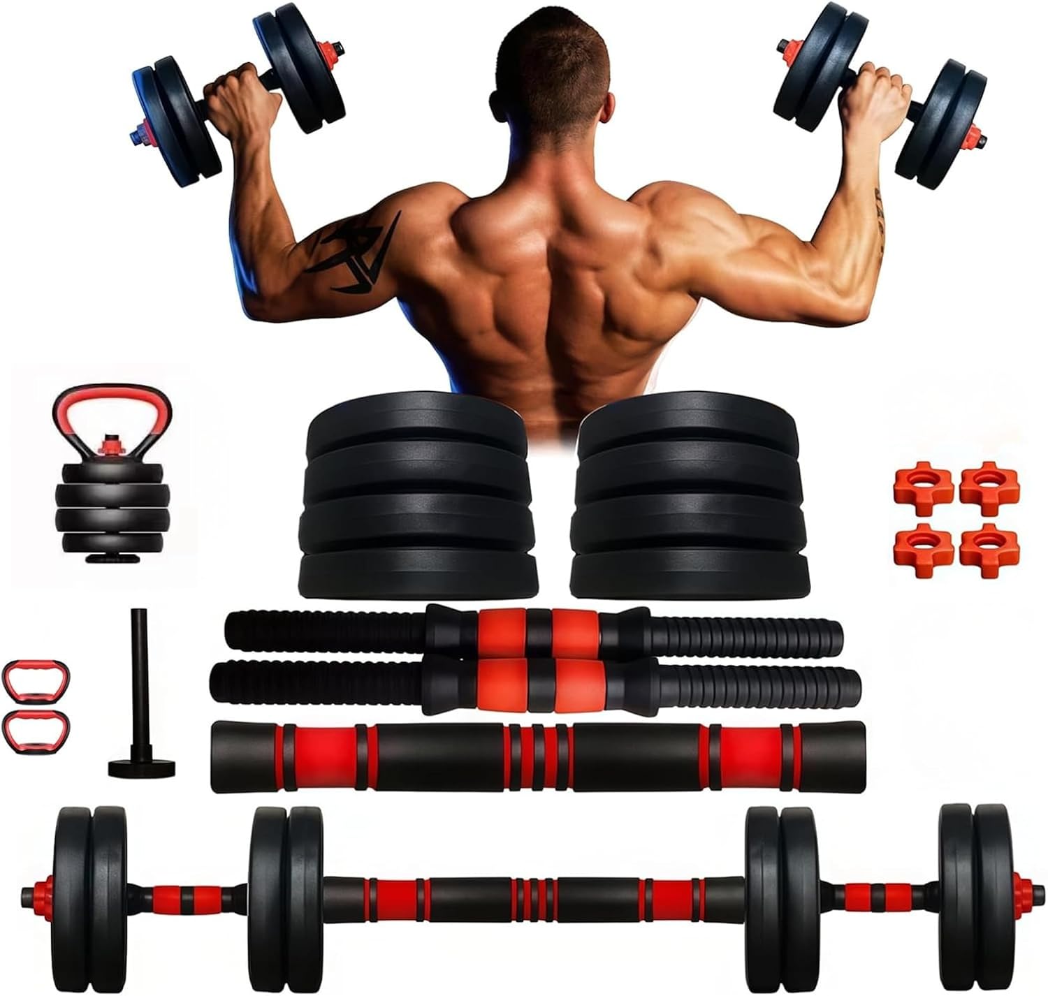 Mostra a visão geral do produto, a quantidade de componentes e a versatilidade de uso como halteres, barra e kettlebell.