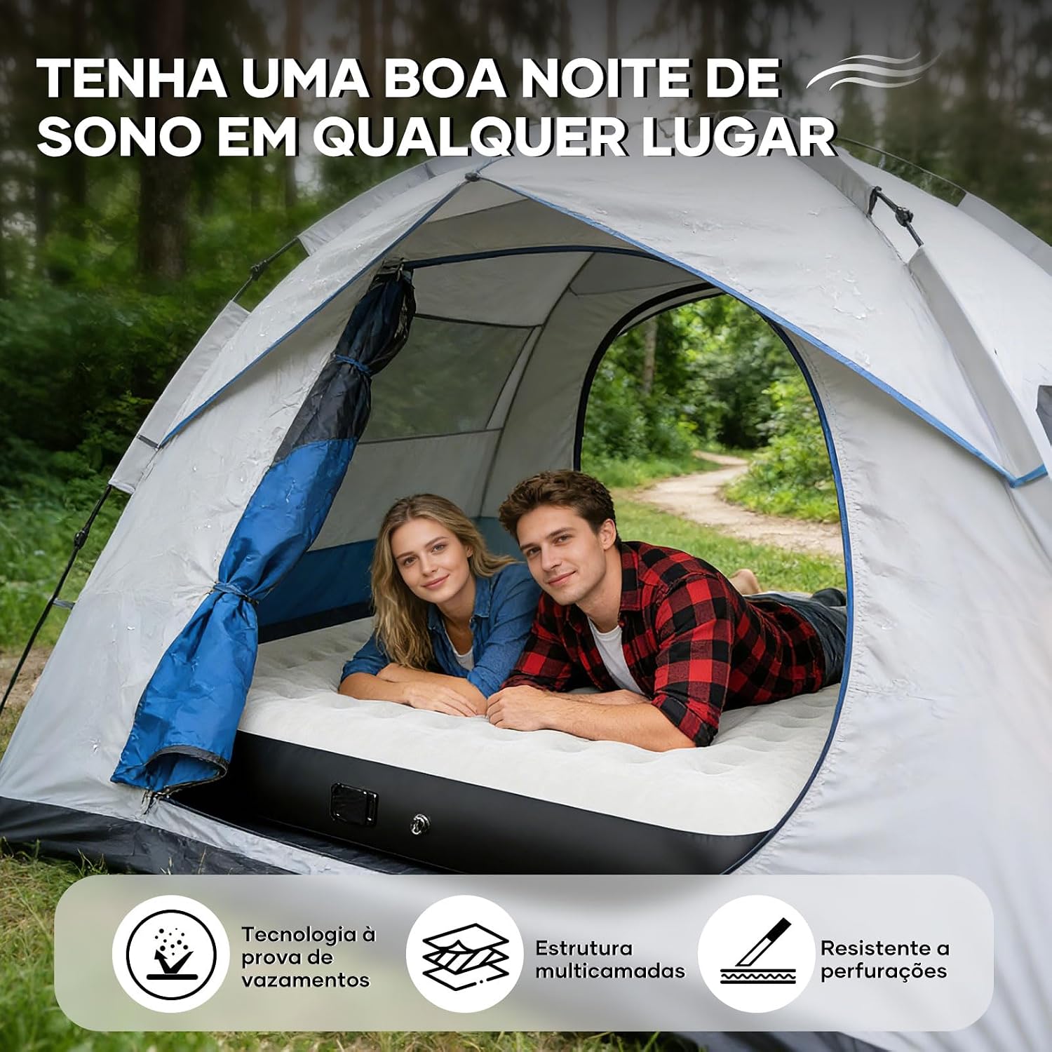 Serve para destacar a praticidade de uso, montagem e o sistema de inflação embutido.