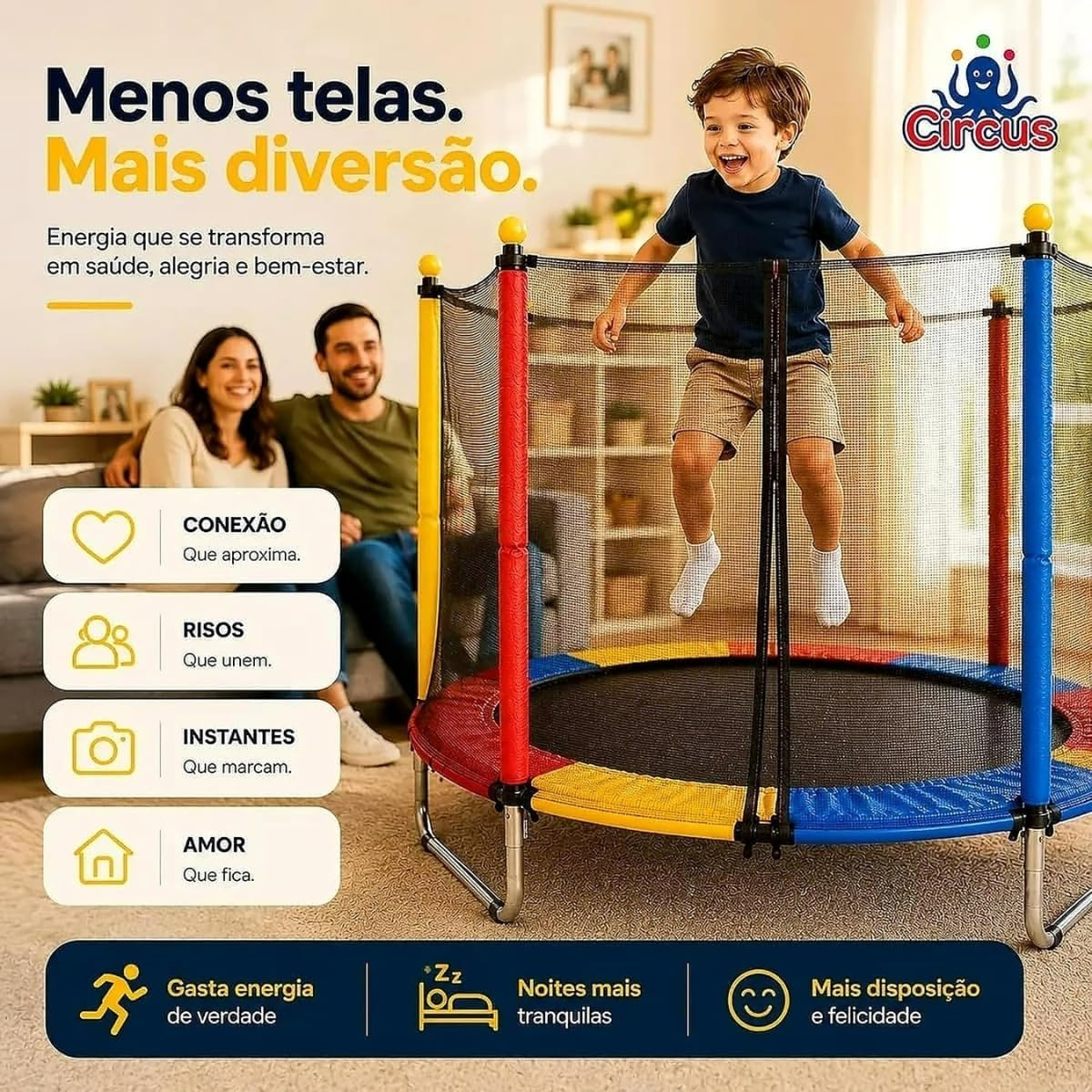 Evidencia elementos de segurança e o cuidado construtivo do trampolim.