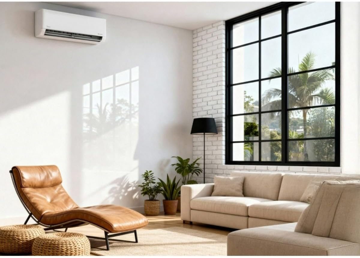 Mostra como o split se encaixa no ambiente e reforça a aplicação em sala ou quarto.