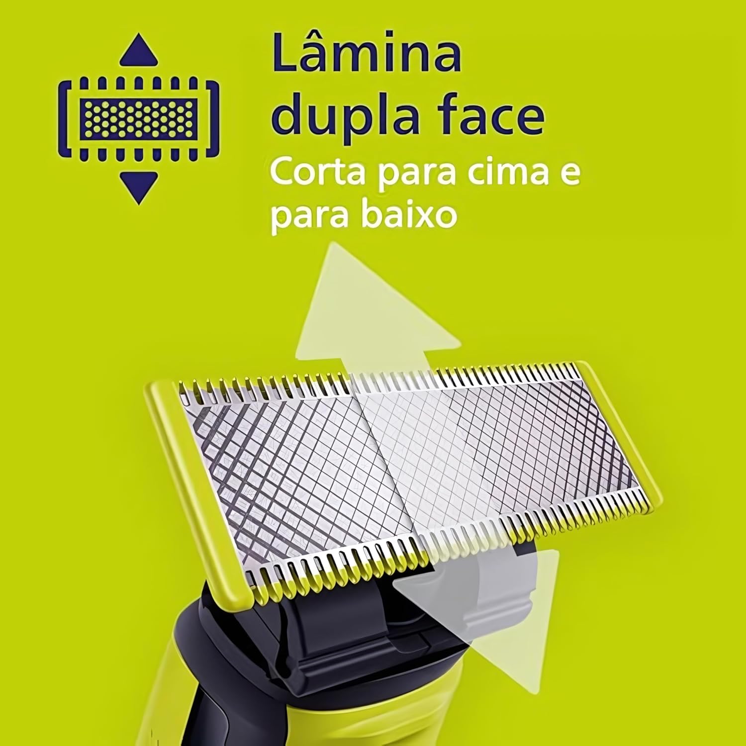 Destaca o design técnico da lâmina, importante para falar de precisão, encaixe e tecnologia de corte.