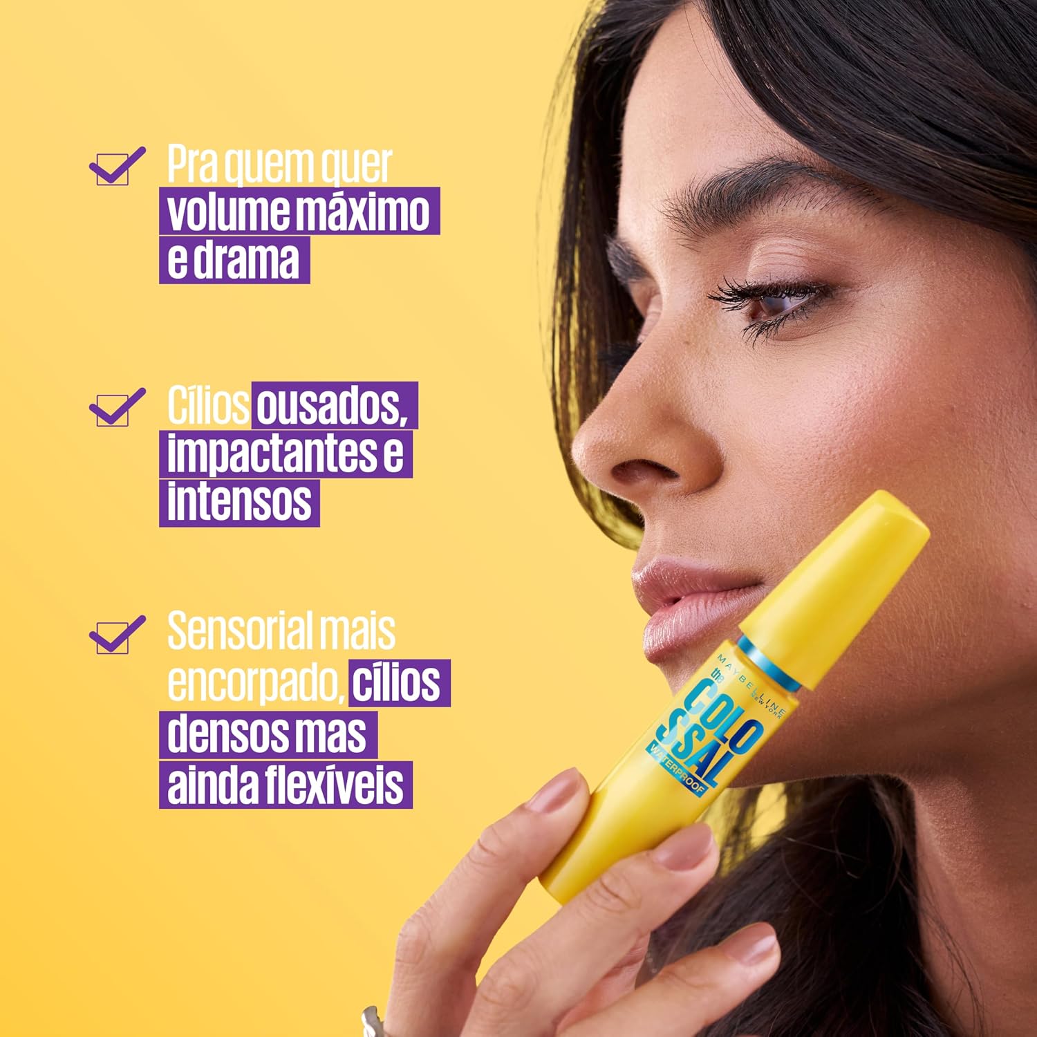 Evidenciar atributos como versão à prova d'água e proposta de volume intenso.