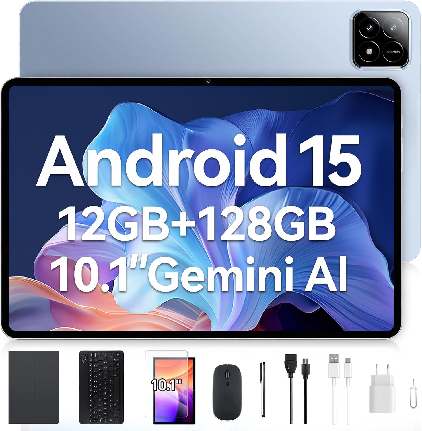 Tablet Xixaomiro S11 Pad 10.1" Android 15, 128Gb Rom + 12Gb Ram, Câmera 13Mp + 5Mp, Bateria 8000Mah, Kit com Teclado, Mouse e Caneta Stylus para Trabalho e Estudos (Azul-Celeste)