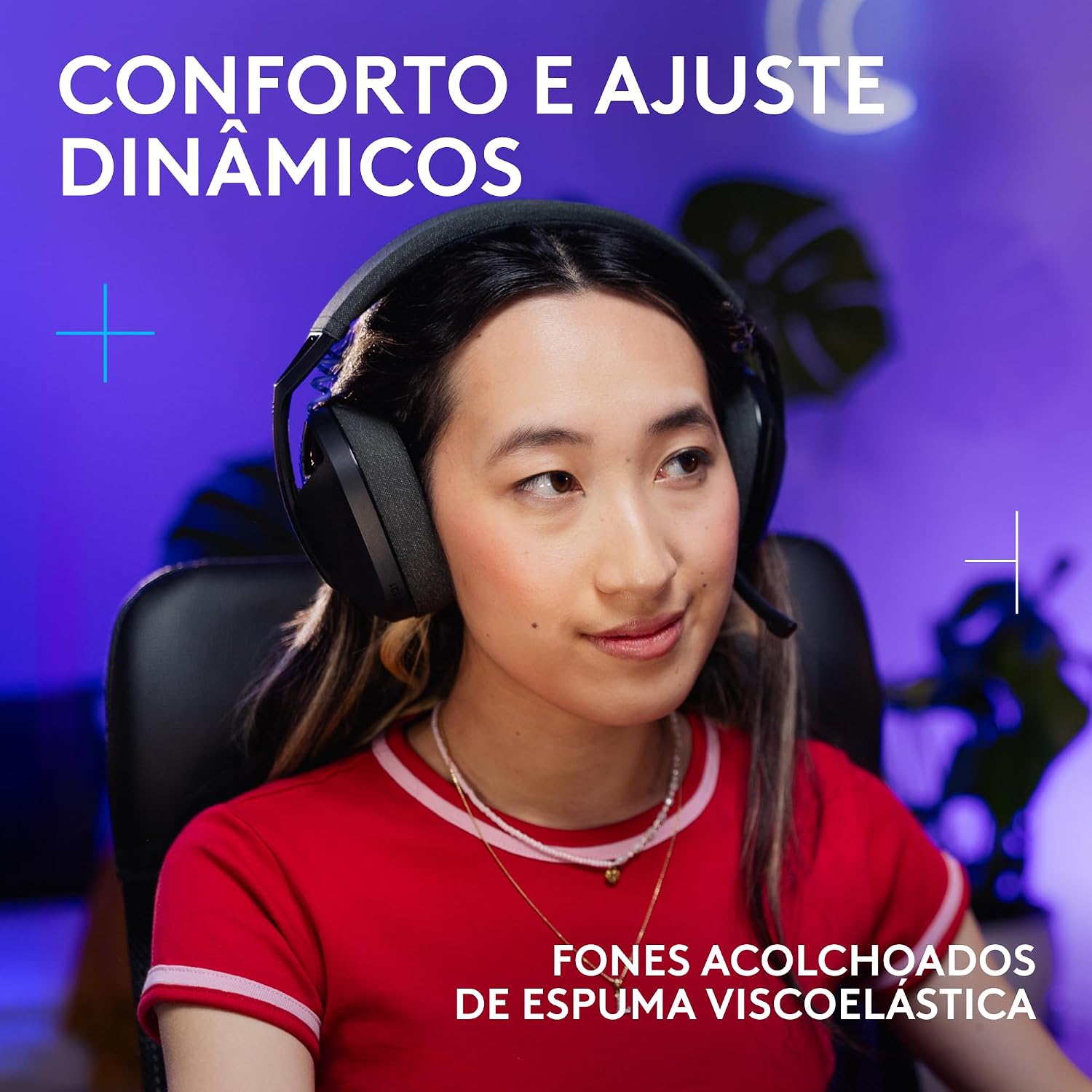 Destaca o formato circumaural, o tamanho das conchas e a ergonomia do conjunto.