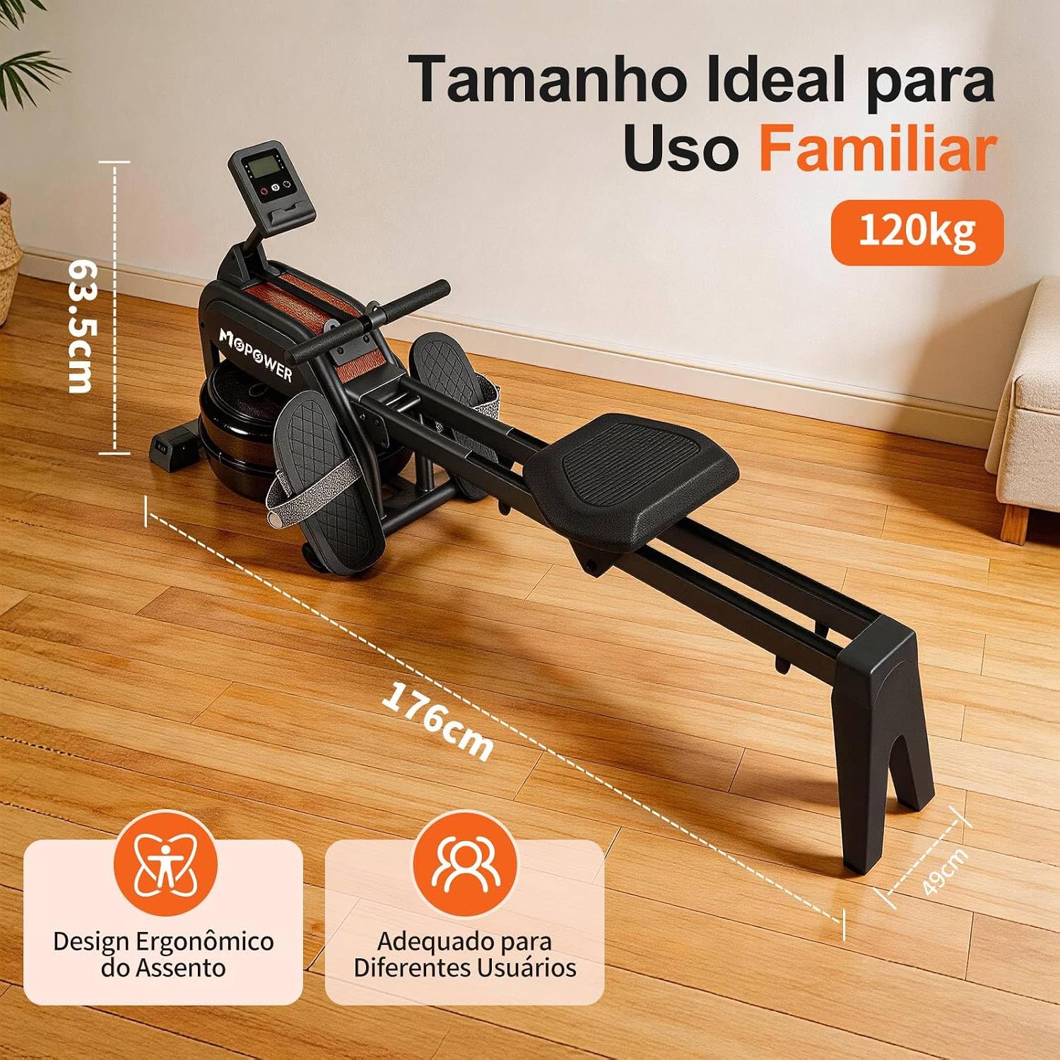 Destacar dimensões, estabilidade e a ergonomia do movimento de remada.