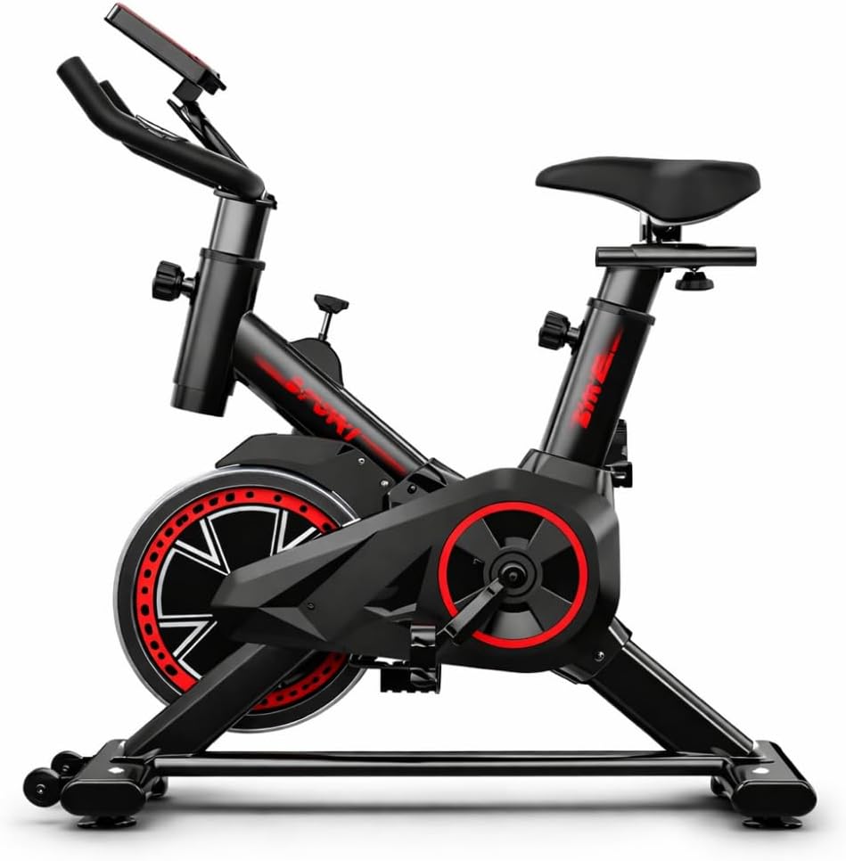 Bicicleta Ergométrica Spinning Compacta, Preta e Vermelha