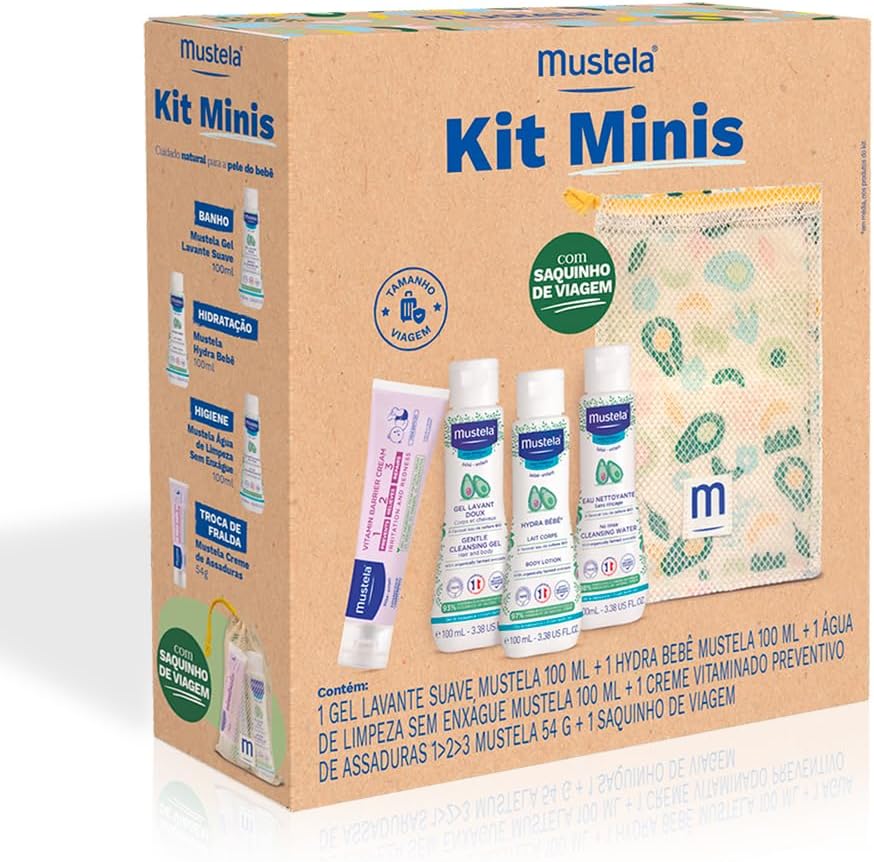 Mostra o kit como um combo compacto, reforçando quantidade de itens e proposta de uso para viagem e rotina do bebê.