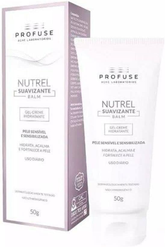 Ajuda a identificar rapidamente a apresentação do produto, a linha Nutrel e a proposta de hidratante facial para pele sensível.