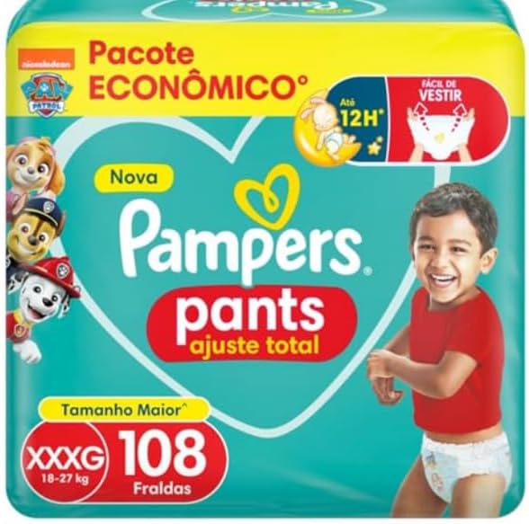 Fralda Pampers Pants Ajuste Total Tamanho Xxxg, Fácil de Vestir, 108 Unidades