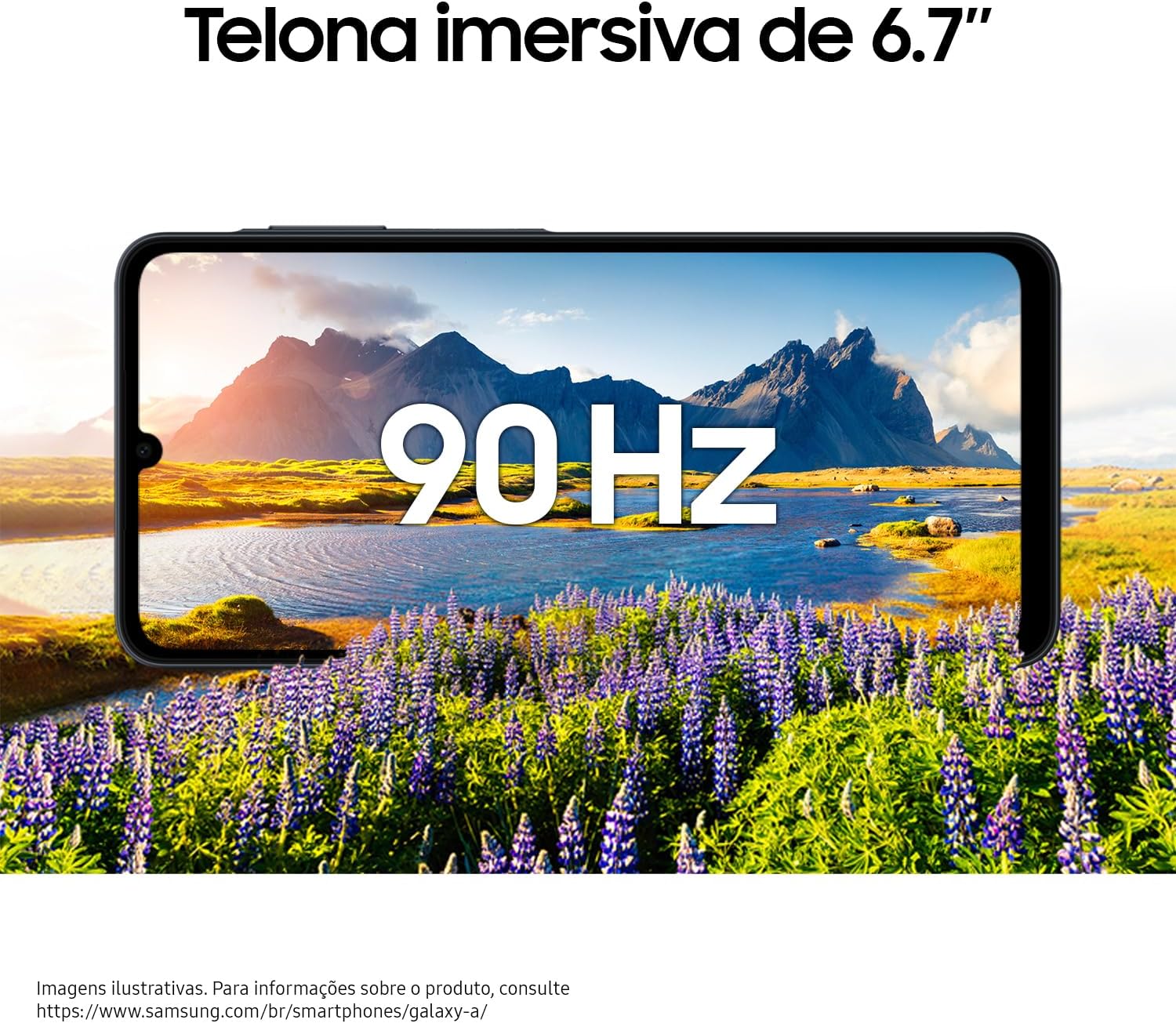 Enfatiza o tamanho de 6,7 polegadas e a experiência multimídia.
