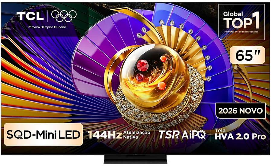 Destaca o design geral, o tamanho de 65" e a proposta visual premium da TV.