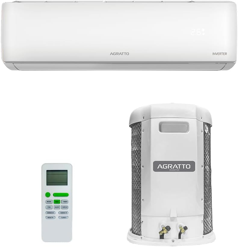 Apresenta o design geral, a cor branca e o formato do equipamento, ajudando a reforçar a proposta de uso residencial ou comercial discreto.