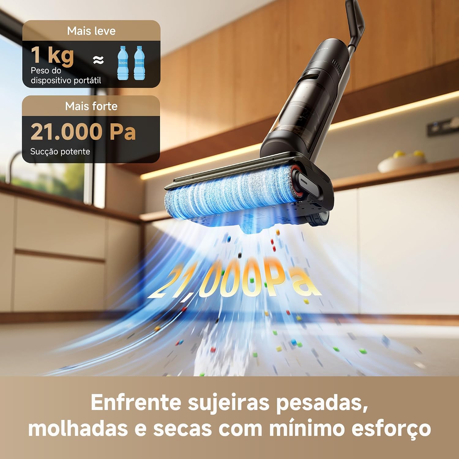 Mostra o produto no ambiente real, reforçando a proposta de limpeza diária prática.
