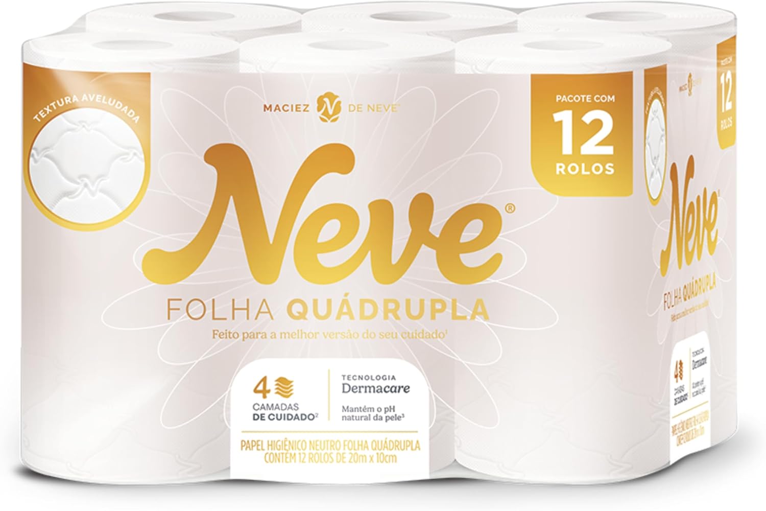 Neve Papel Higiênico Ultracomfort, Folha Quádrupla, 20M, 12 Rolos