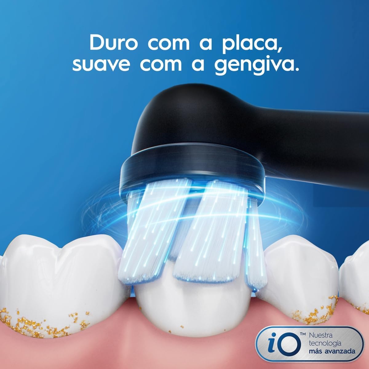 Evidencia a tecnologia da cabeça de escovação e a proposta de limpeza mais precisa em áreas difíceis.
