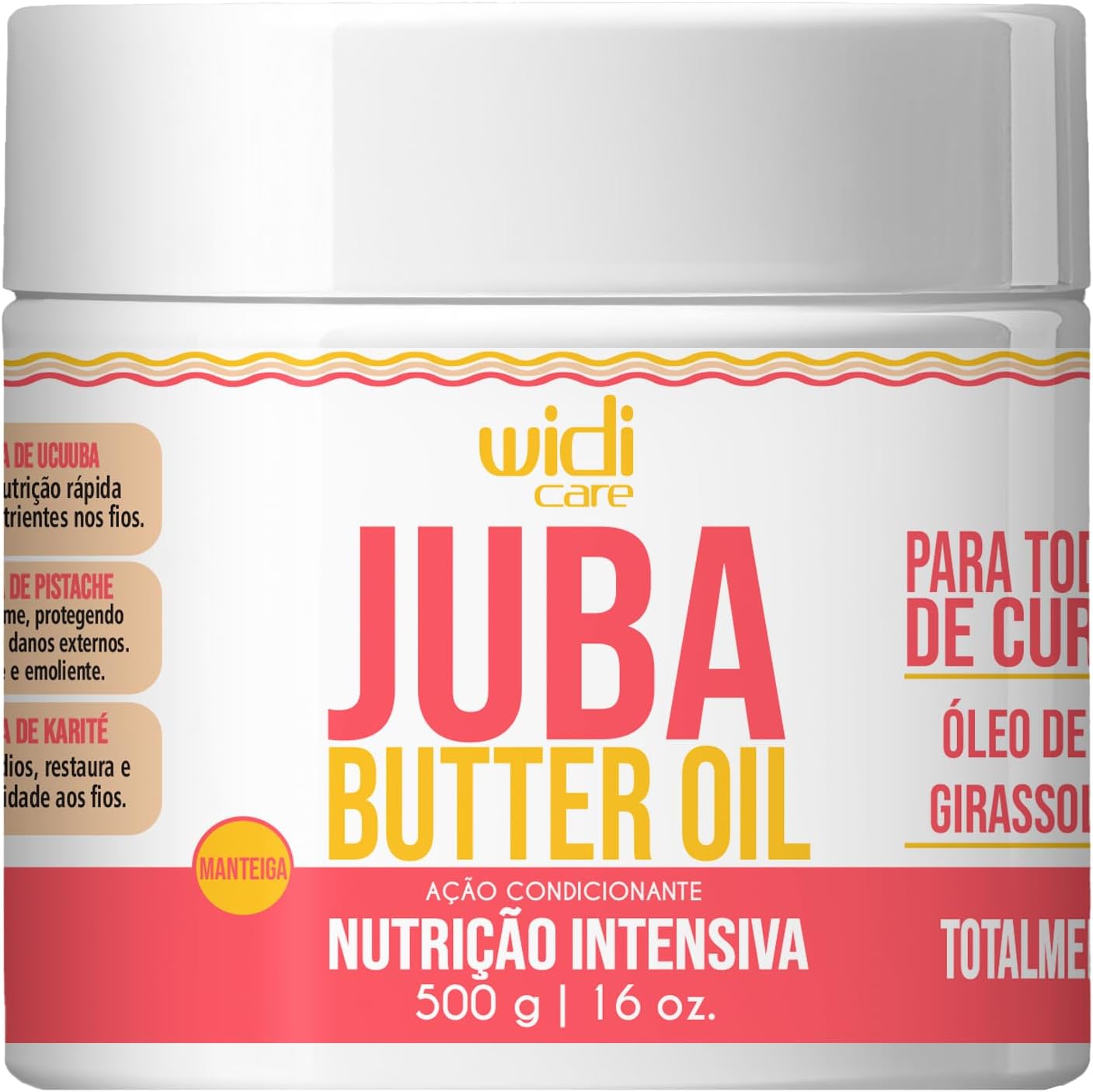 Identificação clara do produto, marca, linha Juba e apresentação do formato em pote de 500g.